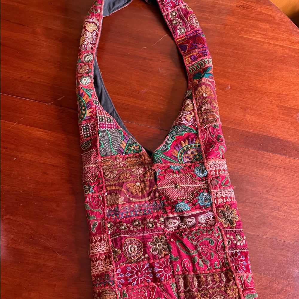 Bohemian Patchwork Shoulder Bag in Red and Pink